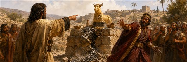 A prophet confronting Jeroboam as the altar cracks and ashes spill